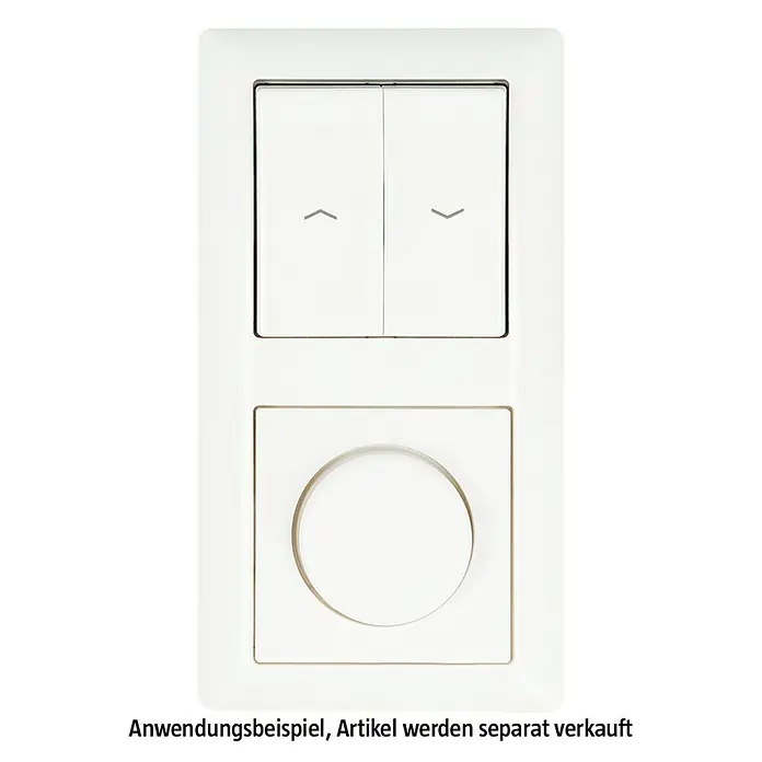 Jung AS 500 Jalousiewippe AS591-5PWW - Alpinweiß, Kunststoff, IP20 - Nahaufnahme einer weißen Dimmer-Schalter-Kombination mit zwei Tasten und einem Drehregler für präzise Lichtsteuerung.
