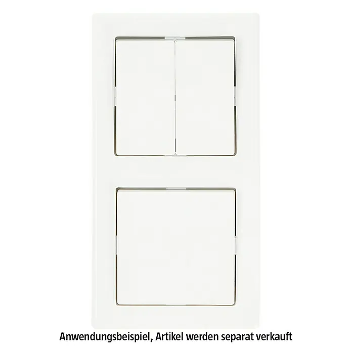 Merten M-SMART Abdeckrahmen 478219 - Polarweiß glänzend, 2-fach, Kunststoff - Eine Nahaufnahme eines weißen Doppel-Lichtschalters mit einer rechteckigen Blende, der an einer schwarzen Wand montiert ist.