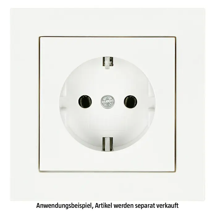 Gira E2 Abdeckrahmen 021129 - Reinweiß glänzend, 1-fach, Kunststoff - Weiße Steckdose mit rundem Einsatz und Erdungsstift, eingebettet in eine quadratische Blende.