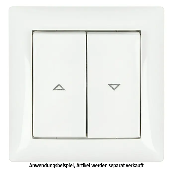 Busch-Jaeger Balance SI Abdeckrahmen 1721-914 - Alpinweiß glänzend, 1-fach, Kunststoff - Nahaufnahme eines weißen Doppel-Lichtschalters mit Pfeilsymbolen für Auf und Ab, ideal für Rollläden oder Jalousien.
