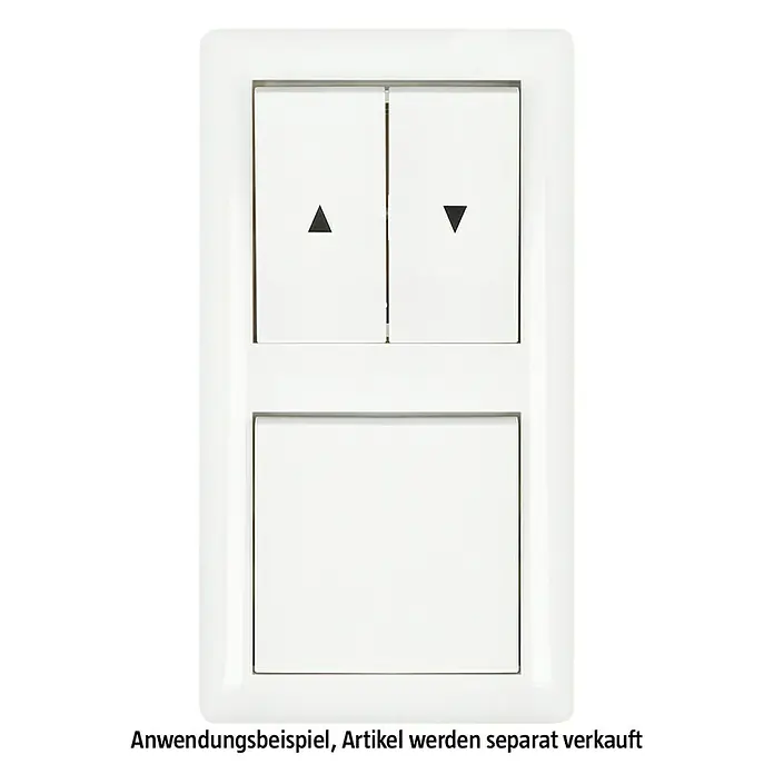 Gira Standard 55 Abdeckrahmen 021203 - Reinweiß glänzend, 2-fach, Kunststoff, Vertikal - Nahaufnahme eines weißen Lichtschalters mit drei Tasten, davon zwei mit Pfeilen markiert.