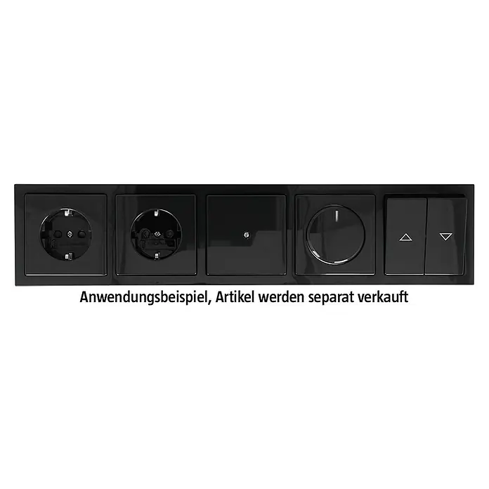 Busch-Jaeger Future Linear Abdeckrahmen 1725-181K - Anthrazit, 5-fach, Kunststoff - Nahaufnahme einer schwarzen Busch-Jaeger-Steckdosenleiste mit zwei Steckdosen, Dimmer und Schaltern für Jalousien oder Rollläden.