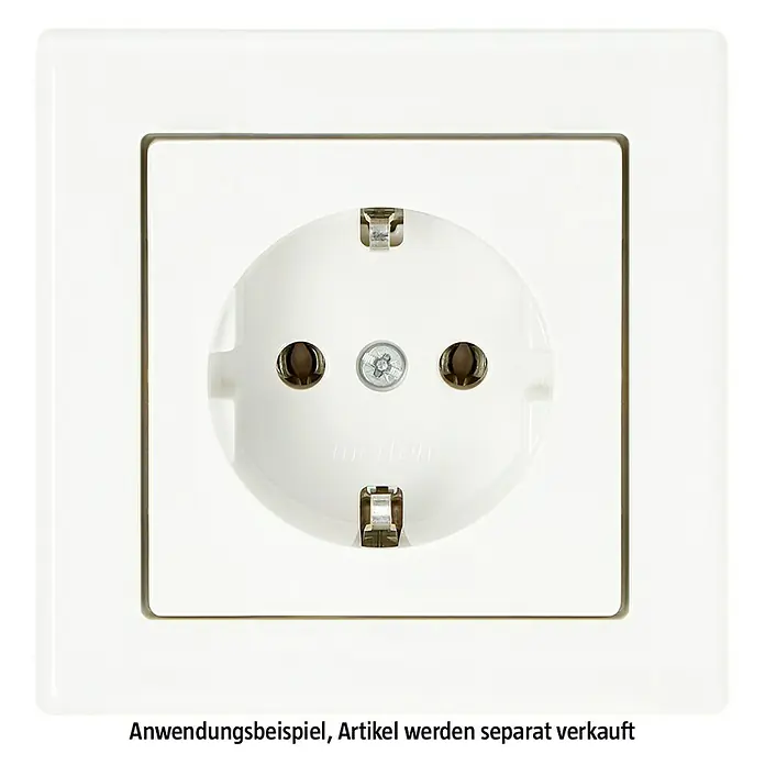 Merten M-SMART Abdeckrahmen 478119 - Polarweiß glänzend, 1-fach, Kunststoff - Nahaufnahme einer weißen Steckdose mit runder Aussparung und Schutzkontakten in einem quadratischen Rahmen.