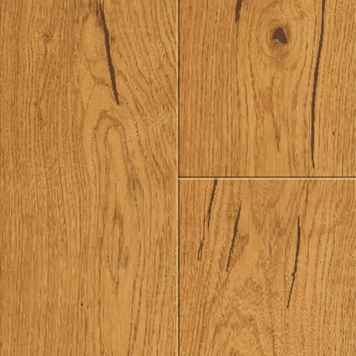 LOGOCLIC Parkett - Eiche Creativ, Landhausdiele, 2.200 x 180 x 11 mm - Nahaufnahme von vier Holzpaneelen mit Maserung in warmen Brauntönen, ideal für Bodenbeläge oder Wandverkleidungen.