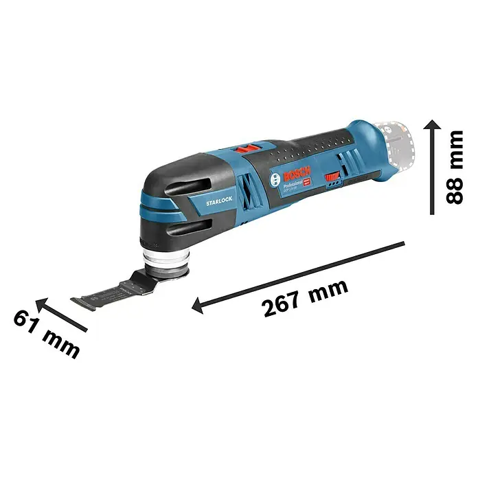Bosch Professional Akku-Multifunktionswerkzeug GOP 12V-28 - 12 V, Ohne Akku, Mit L-Boxx - Das Bild zeigt einen Bosch GOP 12V-28 Akku-Multifunktionsschneider mit den Maßen 88 mm Höhe, 267 mm Länge und 61 mm Schnittbreite.