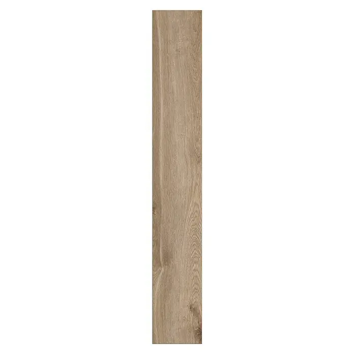LOGOCLIC Aquaprotect Smart Laminat - Eiche Eurus, Landhausdiele, 1.288 x 195 x 6 mm - Ein Foto einer einzelnen Holzfliese in einem warmen, natürlichen Farbton, die eine realistische Holzmaserung aufweist und für Bodenbeläge geeignet ist.