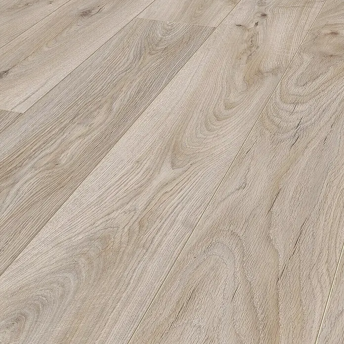 LOGOCLIC Aquaprotect Smart Laminat - Skyscraper Oak, Landhausdiele, 1.288 x 195 x 6 mm - Nahaufnahme von hellem Laminatboden mit natürlicher Holzmaserung, ideal für moderne Innenräume.