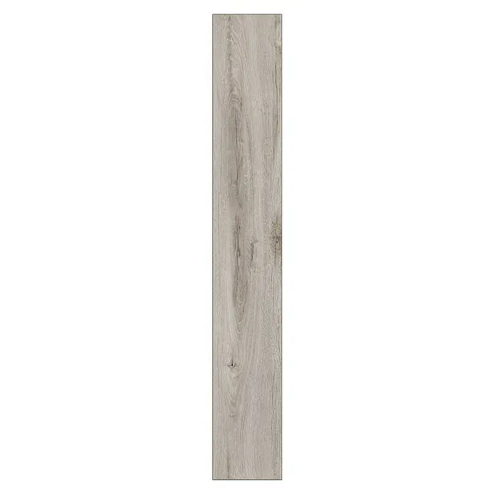 LOGOCLIC Aquaprotect Smart Laminat - Eiche Lucha, Landhausdiele, 1.288 x 195 x 6 mm - Detailaufnahme eines hellgrauen Laminatbodens mit sichtbarer Holzmaserung und Astlöchern, ideal für moderne Wohnräume.