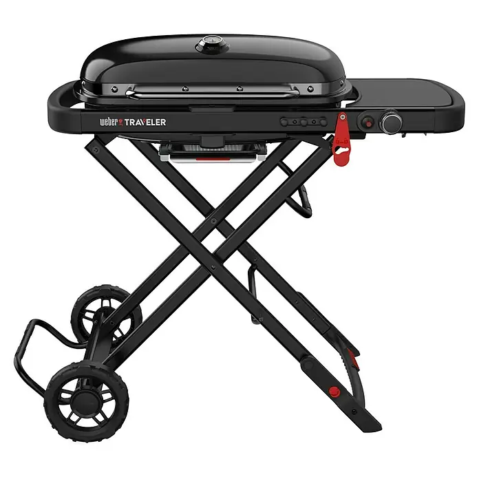 Weber Gasgrill Traveler Stealth Edition - Grillfläche (B x T): 63 x 34 cm, 3,8 kW, Anzahl Brenner: 1, Schwarz - Schwarzer Weber Traveler Grill, tragbarer Gasgrill mit Rollwagen für unterwegs und Picknicks, perfekt für Grillliebhaber.