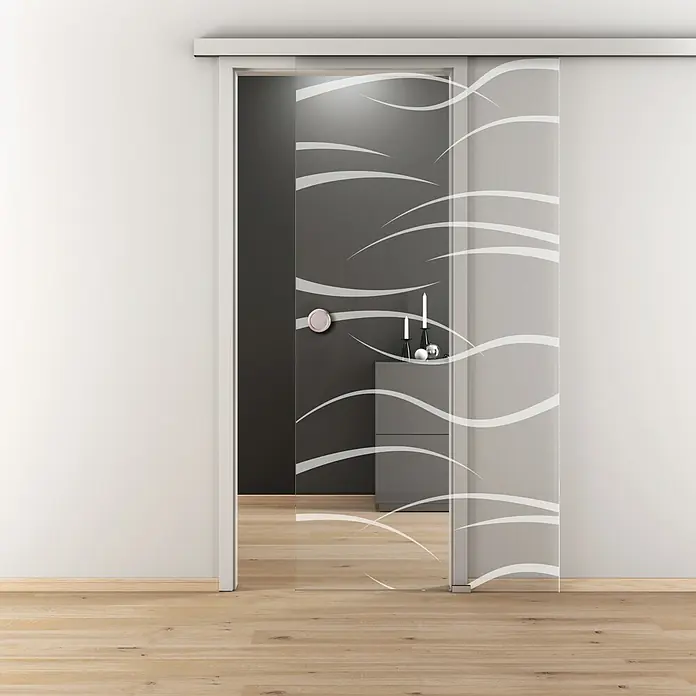 Diamond Doors Glasschiebetür 540 - 935 x 2.058 mm, Einscheibensicherheitsglas (ESG), Klarglas - Elegante Glasschiebetür mit weißem Wellenmuster, die Licht und Privatsphäre stilvoll kombiniert.