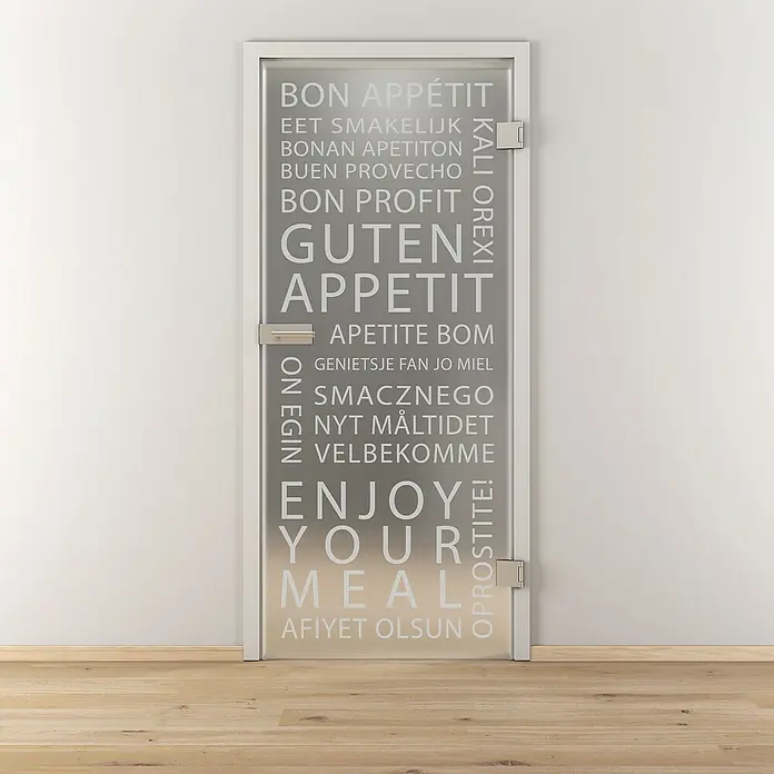 Diamond Doors Glasdrehtür 625 - 959 x 1.972 mm, DIN Anschlag: Rechts, Milchglas - Eine Tür mit dem Aufdruck "Guten Appetit" in verschiedenen Sprachen, die eine einladende Essatmosphäre schafft.