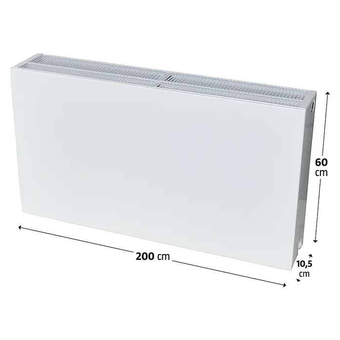 Planheizkörper - B x H: 2.000 x 600 mm, Wärmeleistung bei Vorlauftemperatur von 75 °C (D: 50): 3.164 W, Typ Heizkörper: 22 - Bild eines weißen Heizkörpers mit den Maßen 200 cm Länge, 60 cm Höhe und 10,5 cm Tiefe.