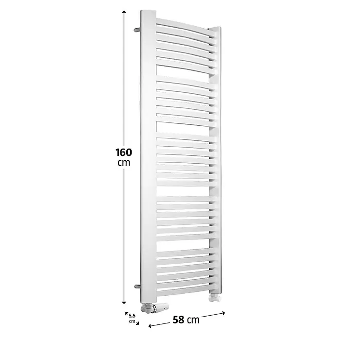 Camargue Badheizkörper Kastor - B x H: 580 x 1.600 mm, Wärmeleistung bei Vorlauftemperatur von 75 °C (D: 50): 1.103 W, Weiß - Ein weißer Heizkörper Handtuchwärmer mit Maßen von 160 cm Höhe und 58 cm Breite für das Badezimmer.