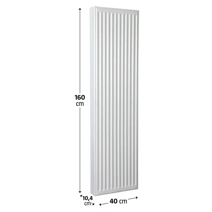 Kompaktheizkörper - B x H: 400 x 1.600 mm, Wärmeleistung bei Vorlauftemperatur von 75 °C (D: 50): 1.430 W, Typ Heizkörper: 22 - Produktbild eines weißen Heizkörpers mit den Maßen 160 x 40 x 10,4 cm. Ideal für effiziente Wärme und stilvolles Design in Ihrem Zuhause.