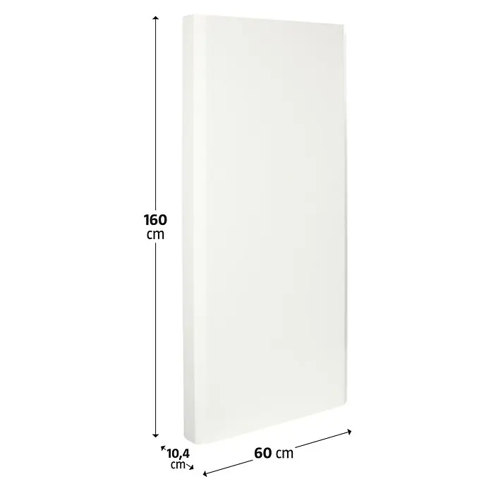 E.C.A. Planheizkörper - B x H: 600 x 1.600 mm, Wärmeleistung bei Vorlauftemperatur von 75 °C (D: 50): 1.904 W, Typ Heizkörper: 22 - Eine Nahaufnahme eines weißen Akustikpaneels mit den Maßen 160 cm Höhe, 60 cm Breite und 10,4 cm Tiefe.