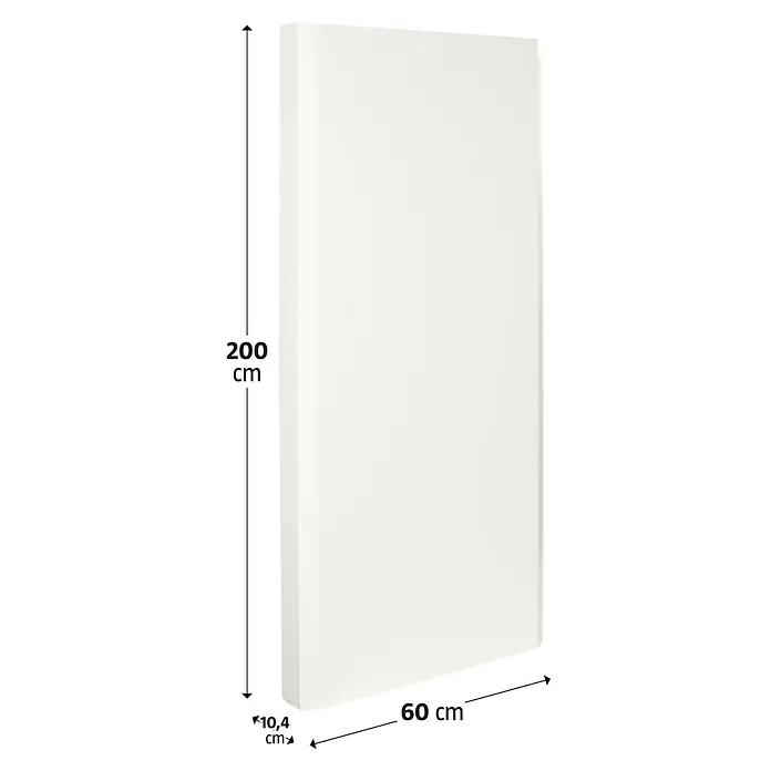 Planheizkörper - B x H: 600 x 2.000 mm, Wärmeleistung bei Vorlauftemperatur von 75 °C (D: 50): 2.220 W, Typ Heizkörper: 22 - Ein hochformatiges, weißes Paneel mit den Maßen 200 cm Höhe, 60 cm Breite und 10,4 cm Tiefe.