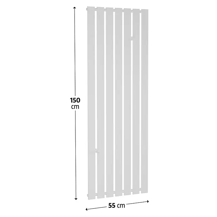 Admiral Designheizkörper Tokio - B x H: 550 x 1.500 mm, Weiß - Ein weißer Sichtschutzzaun aus Holzlatten, der 150 cm hoch und 55 cm breit ist, ideal für den Garten oder die Terrasse.