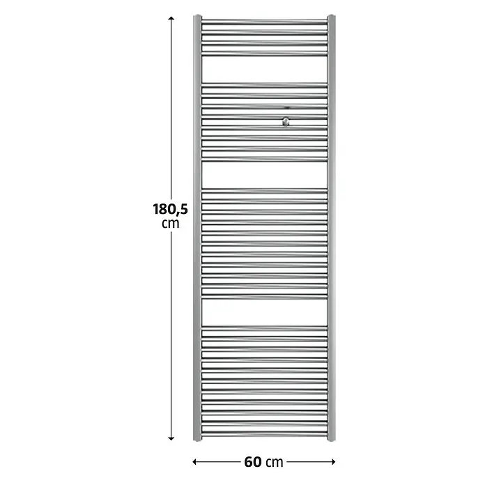 Admiral Badheizkörper Trend - B x H: 600 x 1.805 mm - Abbildung eines Handtuchwärmers in Chromoptik mit den Maßen 180,5 cm Höhe und 60 cm Breite.