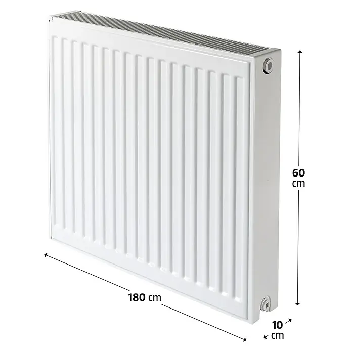 Flachheizkörper - B x H: 1.800 x 600 mm, Wärmeleistung bei Vorlauftemperatur von 75 °C (D: 50): 2.975 W, Typ Heizkörper: 22 - Heizkörper mit den Maßen 180 cm Länge, 60 cm Höhe und 10 cm Tiefe. Ein kompakter und effizienter Heizkörper für Ihr Zuhause.