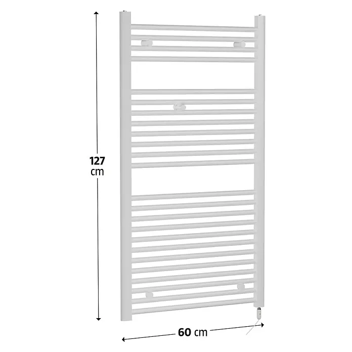 Admiral Elektro-Badheizkörper Berlin - B x H: 600 x 1.270 mm - Abbildung eines weißen Handtuchwärmers mit den Maßen 127 cm Höhe und 60 cm Breite.
