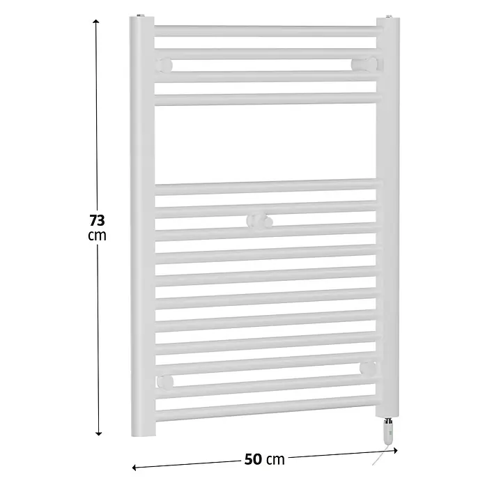 Admiral Elektro-Badheizkörper Berlin - B x H: 500 x 730 mm - Bild eines weißen Handtuchwärmers mit den Maßen 73 cm Höhe und 50 cm Breite.