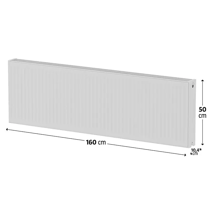 Kompaktheizkörper - B x H: 1.600 x 500 mm, Wärmeleistung bei Vorlauftemperatur von 75 °C (D: 50): 2.499 W, Typ Heizkörper: 22 - Ein weißer Heizkörper mit den Maßen 160 cm Länge, 50 cm Höhe und 10,4 cm Tiefe.