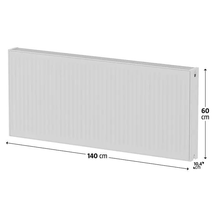 Kompaktheizkörper - B x H: 1.400 x 600 mm, Wärmeleistung bei Vorlauftemperatur von 75 °C (D: 50): 2.531 W, Typ Heizkörper: 22 - Abbildung eines weißen Heizkörpers mit den Maßen 140 cm Länge, 60 cm Höhe und 10,4 cm Tiefe zur Illustration der Produktabmessungen.