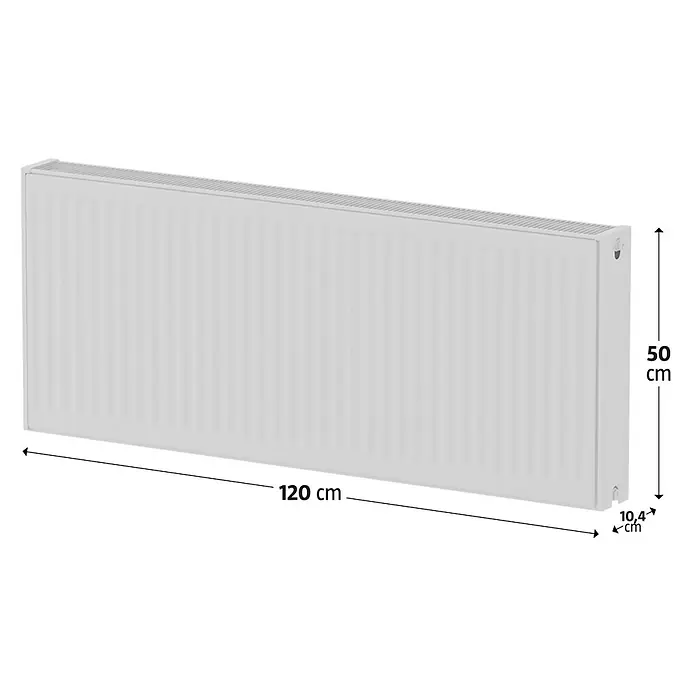 Kompaktheizkörper - B x H: 1.200 x 500 mm, Wärmeleistung bei Vorlauftemperatur von 75 °C (D: 50): 1.874 W, Typ Heizkörper: 22 - Abbildung eines Heizkörpers mit den Maßen 120 cm x 50 cm x 10,4 cm zur Illustration der Produktabmessungen.