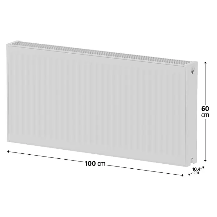 Kompaktheizkörper - B x H: 1.000 x 500 mm, Wärmeleistung bei Vorlauftemperatur von 75 °C (D: 50): 1.562 W, Typ Heizkörper: 22 - Abbildung eines Heizkörpers mit den Maßen 100 cm Länge, 60 cm Höhe und 10,4 cm Tiefe.