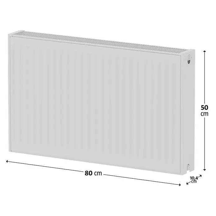 Kompaktheizkörper - B x H: 800 x 500 mm, Wärmeleistung bei Vorlauftemperatur von 75 °C (D: 50): 1.249 W, Typ Heizkörper: 22 - Abbildung eines Heizkörpers mit den Maßen 80 cm Länge, 50 cm Höhe und 10,4 cm Tiefe.