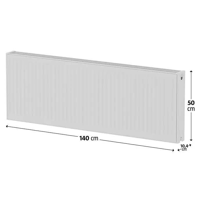 Kompaktheizkörper - B x H: 1.400 x 500 mm, Wärmeleistung bei Vorlauftemperatur von 75 °C (D: 50): 2.186 W, Typ Heizkörper: 22 - Abbildung eines Heizkörpers mit den Maßen 140 cm x 50 cm x 10,4 cm.