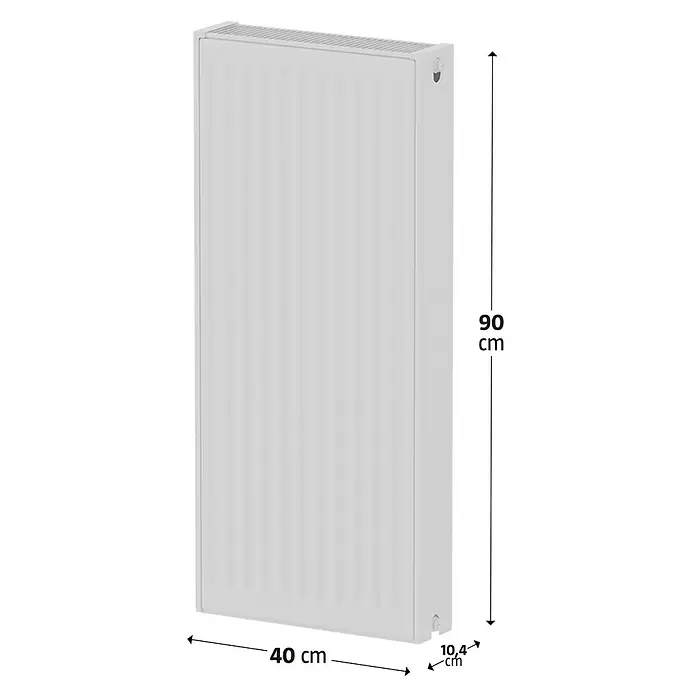 Kompaktheizkörper - B x H: 400 x 900 mm, Wärmeleistung bei Vorlauftemperatur von 75 °C (D: 50): 988 W, Typ Heizkörper: 22 - Produktbild eines weißen Heizkörpers mit den Maßen 90 cm Höhe, 40 cm Breite und 10,4 cm Tiefe.