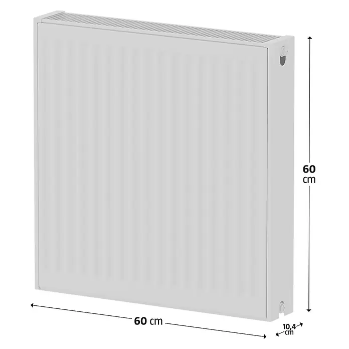 Kompaktheizkörper - B x H: 600 x 600 mm, Wärmeleistung bei Vorlauftemperatur von 75 °C (D: 50): 1.085 W, Typ Heizkörper: 22 - Abbildung eines weißen Heizkörpers mit den Maßen 60x60x10,4 cm. Ideal für wohlige Wärme in Ihrem Zuhause.