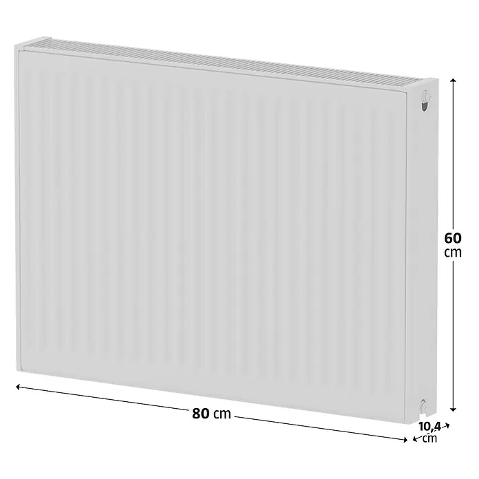 Kompaktheizkörper - B x H: 800 x 600 mm, Wärmeleistung bei Vorlauftemperatur von 75 °C (D: 50): 1.446 W, Typ Heizkörper: 22 - Bild eines Heizkörpers mit den Maßen 80 cm Breite, 60 cm Höhe und 10,4 cm Tiefe, dargestellt in einer perspektivischen Ansicht.