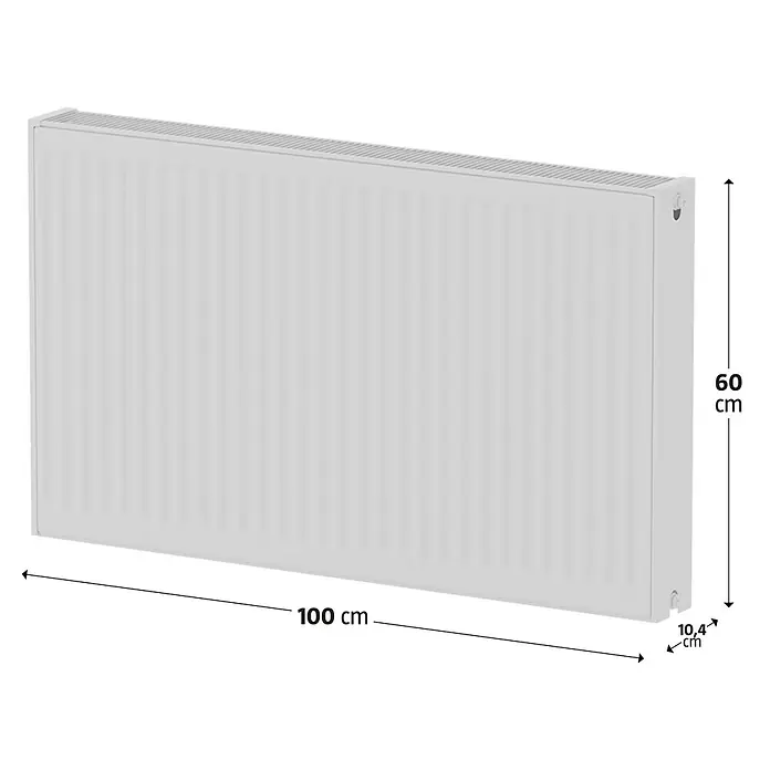 Kompaktheizkörper - B x H: 1.000 x 600 mm, Wärmeleistung bei Vorlauftemperatur von 75 °C (D: 50): 1.808 W, Typ Heizkörper: 22 - Abbildung eines Heizkörpers mit den Maßen 100 cm Länge, 60 cm Höhe und 10,4 cm Tiefe.
