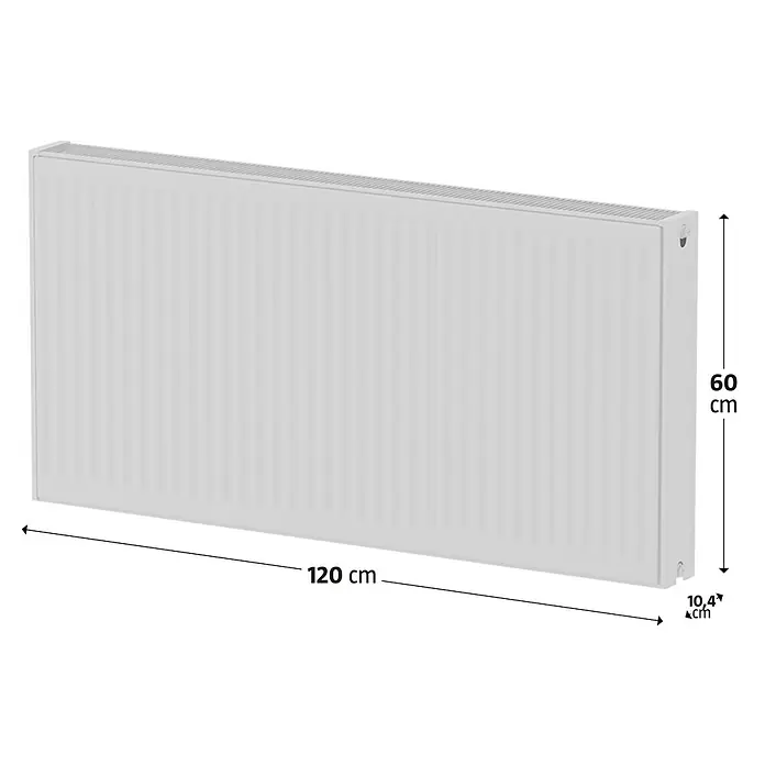Kompaktheizkörper - B x H: 1.200 x 600 mm, Wärmeleistung bei Vorlauftemperatur von 75 °C (D: 50): 2.170 W, Typ Heizkörper: 22 - Heizkörper mit den Maßen 120 x 60 x 10,4 cm. Kompakte Bauweise, ideal für Wohnräume. Effiziente Wärmeabgabe und modernes Design.