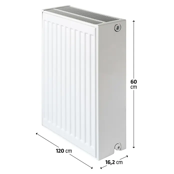 Flachheizkörper - B x H: 1.200 x 600 mm, Wärmeleistung bei Vorlauftemperatur von 75 °C (D: 50): 2.802 W, Typ Heizkörper: 33 - Abbildung eines Heizkörpers mit den Maßen 120 cm Breite, 60 cm Höhe und 16,2 cm Tiefe. Heizkörper für angenehme Wärme.