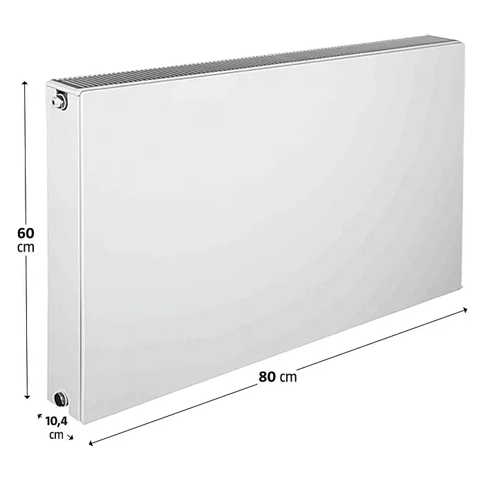 E.C.A. Planheizkörper - B x H: 800 x 600 mm, Wärmeleistung bei Vorlauftemperatur von 75 °C (D: 50): 1.314 W, Typ Heizkörper: 22 - Produktbild eines weißen Heizkörpers mit den Maßen 60 cm Höhe, 80 cm Länge und 10,4 cm Breite.