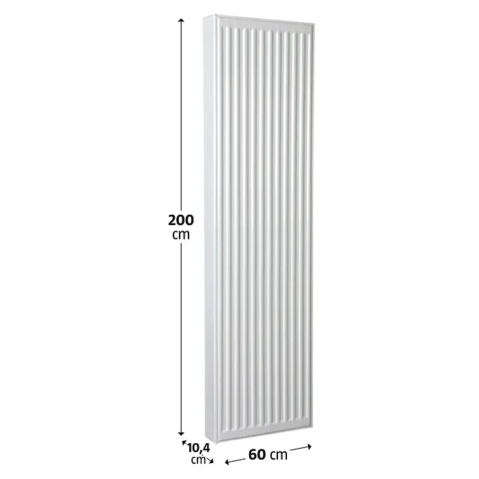 Kompaktheizkörper - B x H: 600 x 2.000 mm, Wärmeleistung bei Vorlauftemperatur von 75 °C (D: 50): 2.560 W, Typ Heizkörper: 22 - Abbildung eines weißen Heizkörpers mit den Maßen 200 cm Höhe, 60 cm Breite und 10,4 cm Tiefe.