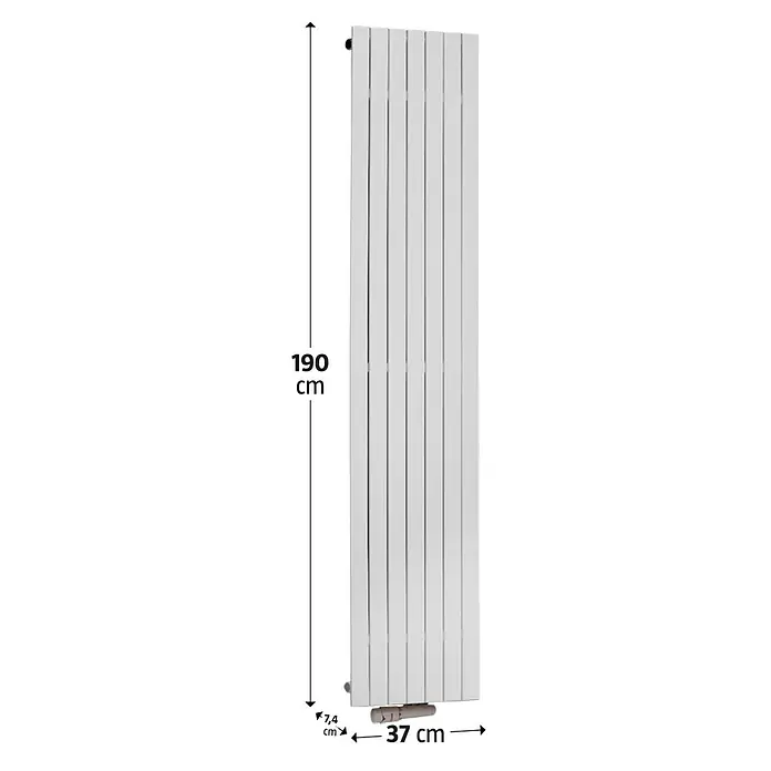 Camargue Designheizkörper Niagara - B x H: 370 x 1.900 mm, Anschlusskombination Heizkörper: Mittig unten - Weißer Heizkörper mit den Maßen 190cm Höhe, 37cm Breite und 7,4cm Tiefe. Ein schlankes und effizientes Heizgerät für Ihr Zuhause.