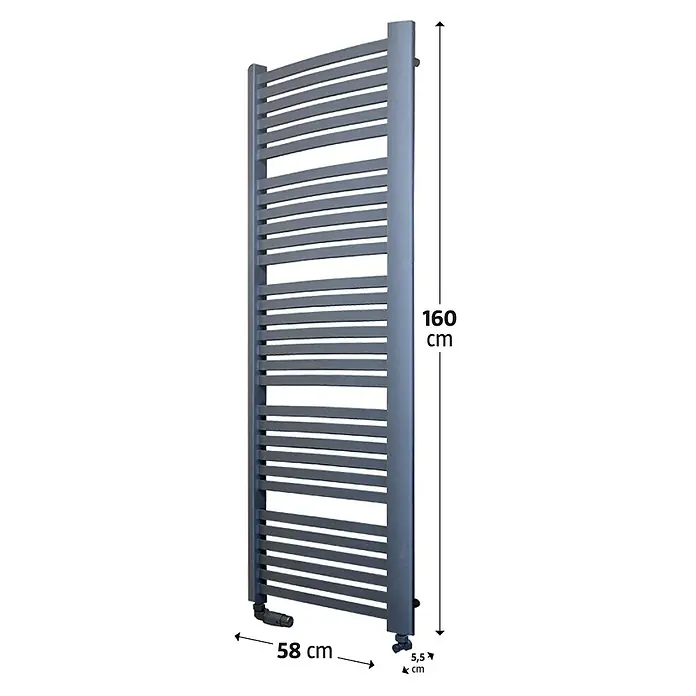 Camargue Badheizkörper Kastor - B x H: 580 x 1.600 mm, Wärmeleistung bei Vorlauftemperatur von 75 °C (D: 50): 1.103 W, Graphit - Design-Heizkörper in Anthrazit mit Maßen 160 x 58 x 5,5 cm. Ideal für moderne Badezimmer, bietet Wärme und Handtuchtrocknung.