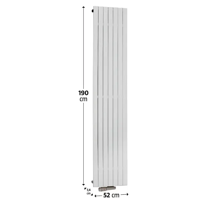 Camargue Designheizkörper Niagara - B x H: 520 x 1.900 mm, Anschlusskombination Heizkörper: Mittig unten - Abbildung eines weißen Heizkörpers mit den Maßen 190 cm Höhe, 52 cm Breite und 7,4 cm Tiefe.