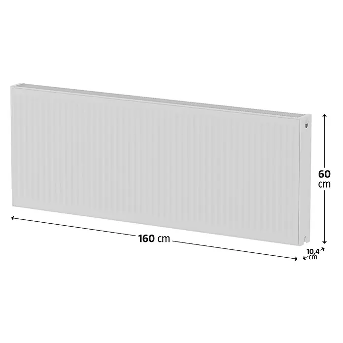 Kompaktheizkörper - B x H: 1.600 x 600 mm, Wärmeleistung bei Vorlauftemperatur von 75 °C (D: 50): 2.893 W, Typ Heizkörper: 22 - Heizkörper mit den Maßen 160 cm Länge, 60 cm Höhe und 10,4 cm Tiefe. Ideal für effiziente Raumheizung und modernes Design.
