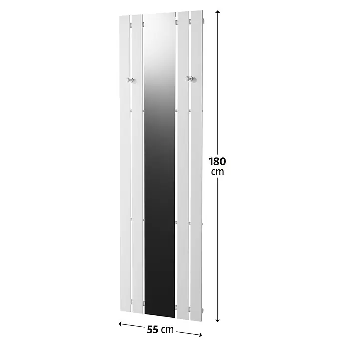 Bäderwelt Designheizkörper Tokio - B x H: 550 x 1.800 mm, Weiß - Ein vertikaler, weißer Spiegel mit Hängeknöpfen und Maßangaben (Höhe 180 cm, Breite 55 cm) für die Wandmontage.