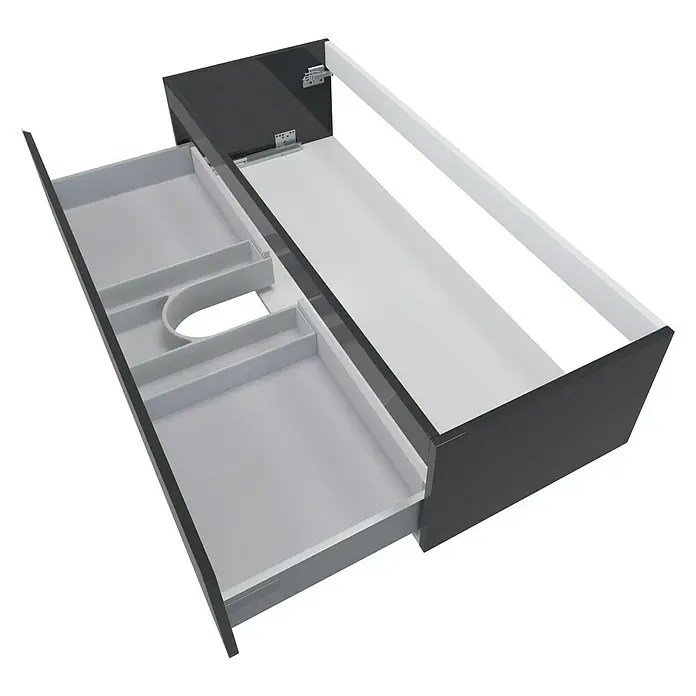 Camargue Espacio Waschtischunterschrank - 120 x 46 x 30 cm, Gama anthrazit glänzend - Offene Schublade eines modernen Badezimmerschranks mit grauem Äußeren und weißem Innenraum.