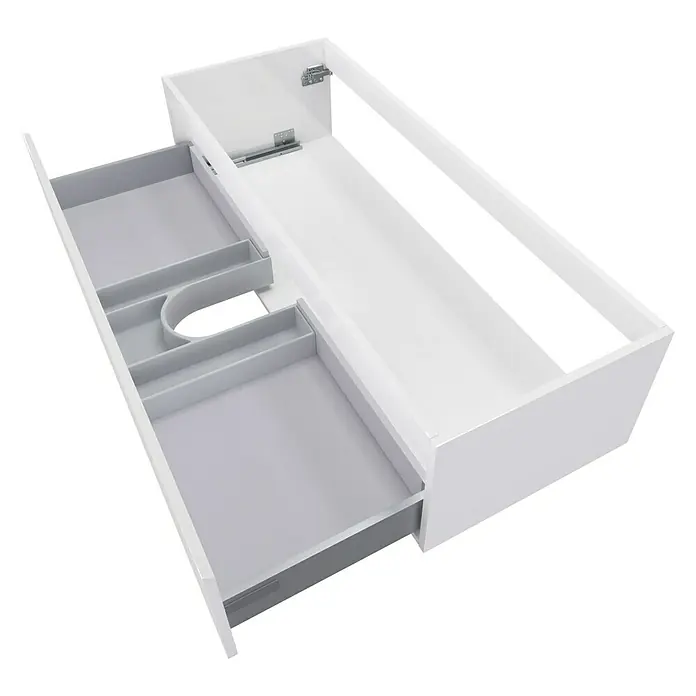 Camargue Espacio Waschtischunterschrank - 120 x 46 x 30 cm, Gama weiß glänzend - Ausgezogener, weißer Waschtischunterschrank mit grauer Schublade und Fächern. Ideal für Badezimmerutensilien und zur Aufbewahrung.