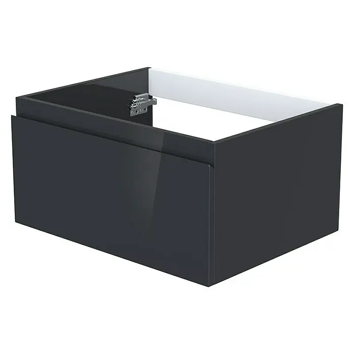 Camargue Espacio Waschtischunterschrank - 60 x 46 x 30 cm, Gama anthrazit glänzend - Ein hochglänzender, anthrazitfarbener Unterschrank mit einer Schublade und einer weißen Innenseite, ideal für moderne Badezimmer.