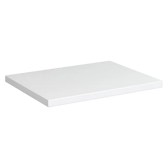 Camargue Espacio Waschtischplatte - 60 x 46 x 3,2 cm, Weiß - Ein weißes Regalbrett vor einem schwarzen Hintergrund. Das Brett wirkt schlicht und modern, ideal für minimalistische Einrichtungen.
