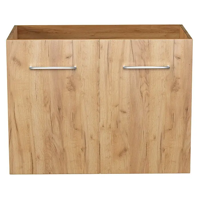 Camargue Espacio Waschtischunterschrank - 80 x 46 x 60 cm, 1 Einlegeboden, Doce - Ein Waschbeckenunterschrank aus hellem Holz mit zwei Griffen in Silber für ein modernes Badezimmerdesign.