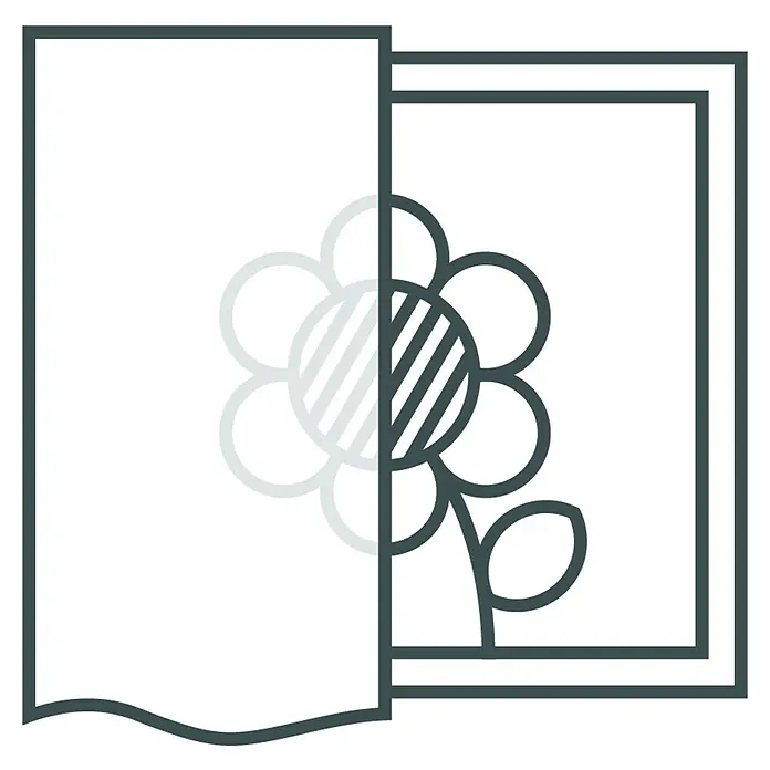 Elbersdrucke Bistrogardine Membran - 160 x 45 cm, 100 % Polyester, Uni, Weiß - Eine stilisierte Fenstergrafik mit einer Blume, wobei die eine Hälfte des Fensters geöffnet ist und die Blume teilweise verdeckt.\n